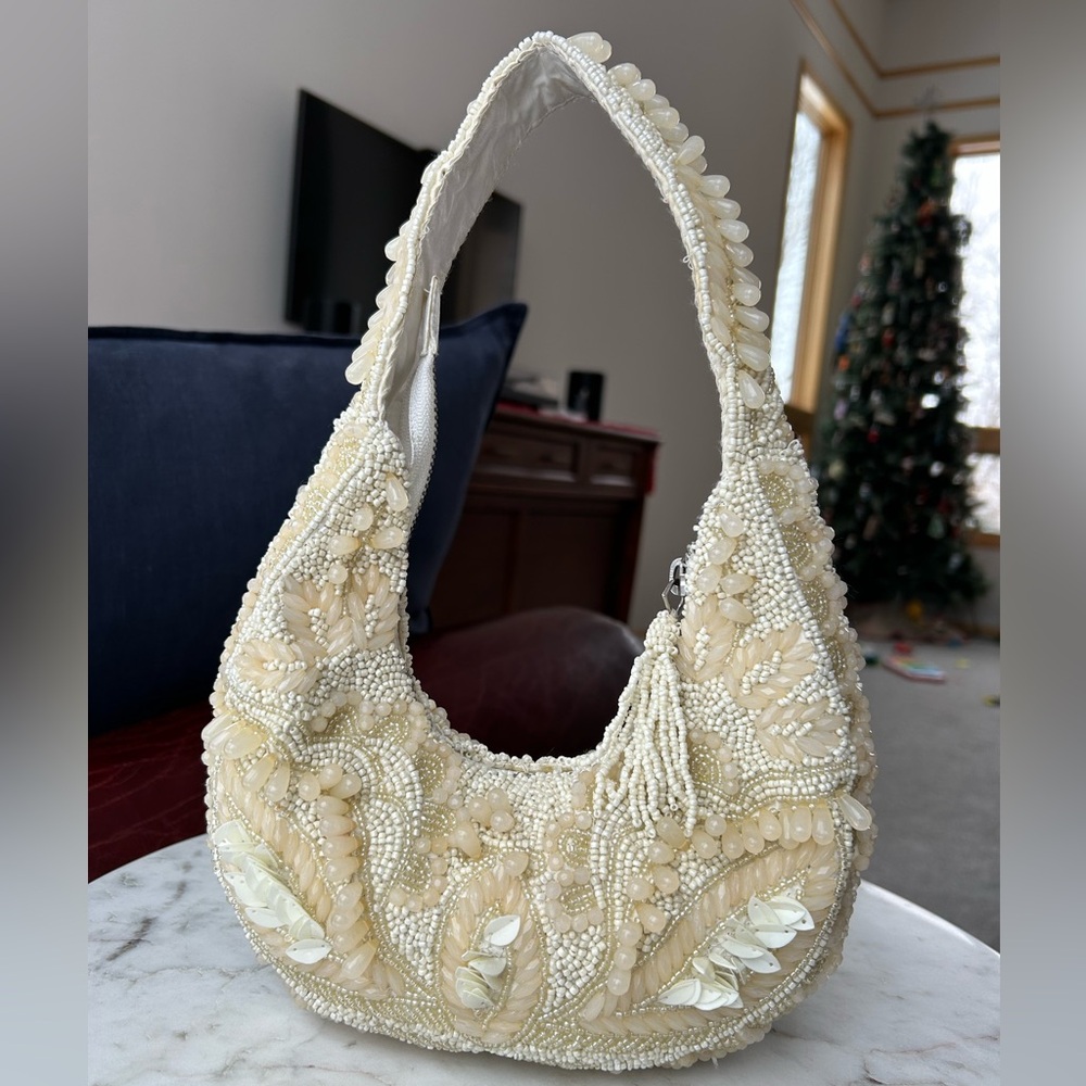 SOLD Beaded Shoulder Bag Purse - Cream, Floral
